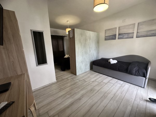 Camera con divano letto e decorazioni moderne.