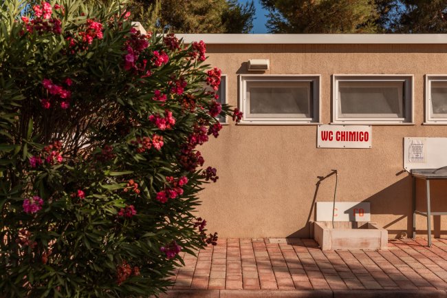 Edificio con piante in primo piano e cartello WC chimico.