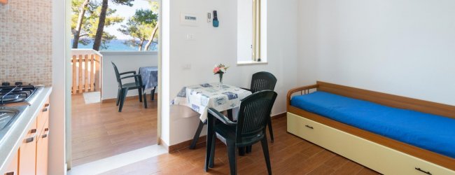 Soggiorno con divano letto, tavolo e accesso al balcone.
