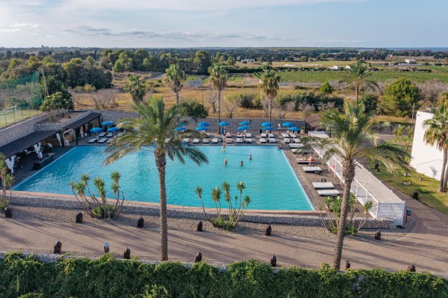 Piscina all'aperto con palme e lettini, vista panoramica sulla campagna.