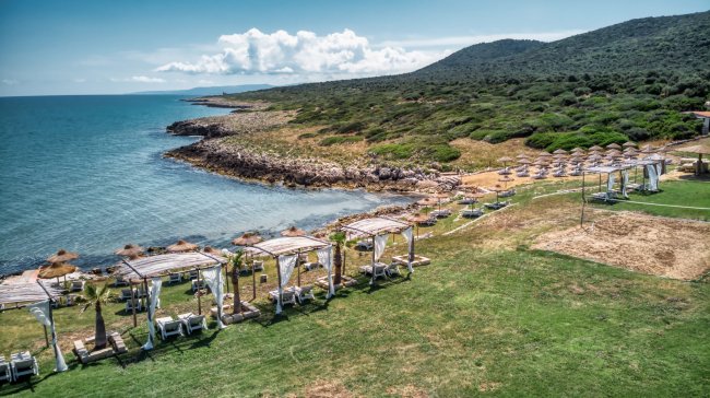 Lettini fronte mare su prato verde.