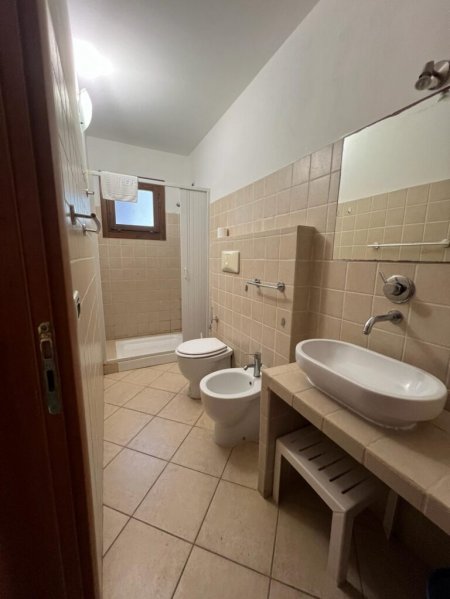 Bagno con doccia, grande lavabo e bidet.