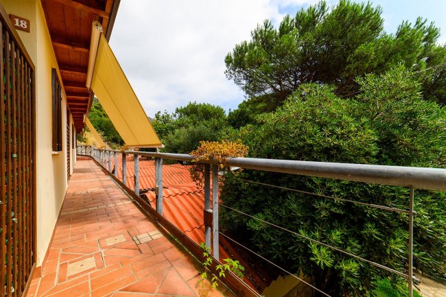 Balcone stretto con vista su alberi.