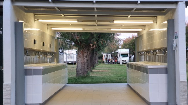 Area lavabo con lavelli, vista su camper e alberi.