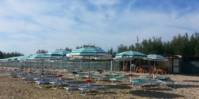 Spiaggia con file di ombrelloni e lettini vuoti.
