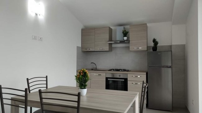Cucina moderna con tavolo, sedie e piante decorative.