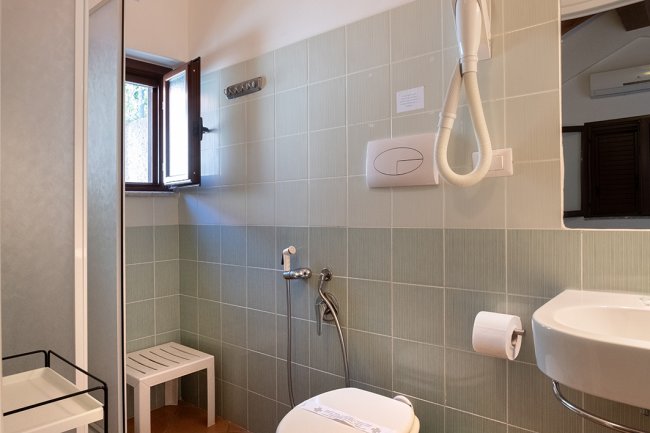 Bagno con doccia, lavabo e finestra aperta.