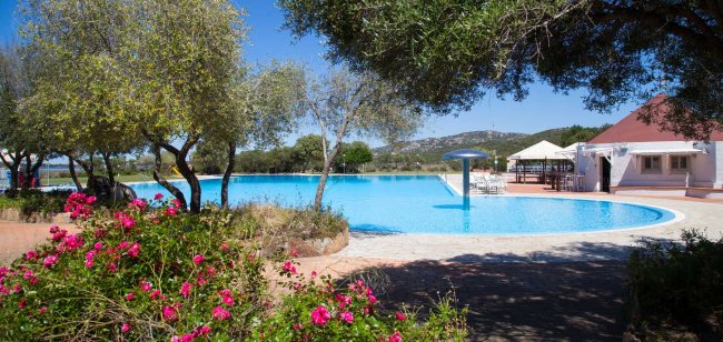 Piscina circondata da alberi e fiori.