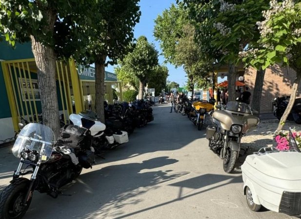 Strada alberata con moto parcheggiate.